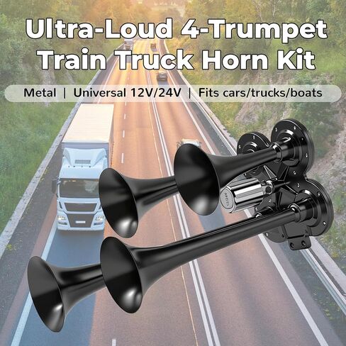 4 Trumpet Train Horn Kit - 180dB Super Loud Air Horn for Trucks, Compatible with 12V/24V Pickups, SUVs, Motorhomes, Boats (4-Trumpet Black, Heavy Duty Zinc Alloy) in Saudi Arabia