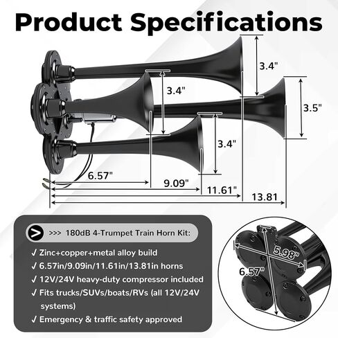 4 Trumpet Train Horn Kit - 180dB Super Loud Air Horn for Trucks, Compatible with 12V/24V Pickups, SUVs, Motorhomes, Boats (4-Trumpet Black, Heavy Duty Zinc Alloy) in Saudi Arabia