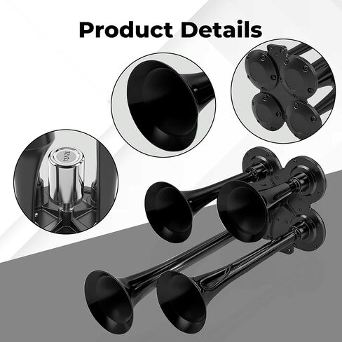 4 Trumpet Train Horn Kit - 180dB Super Loud Air Horn for Trucks, Compatible with 12V/24V Pickups, SUVs, Motorhomes, Boats (4-Trumpet Black, Heavy Duty Zinc Alloy) in Saudi Arabia