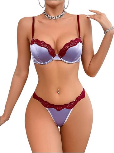 SOLY HUX Women's Lace Trim Lingerie Sexy Underwire Push Up Bra and Panty 2 Piece Set in Saudi Arabia