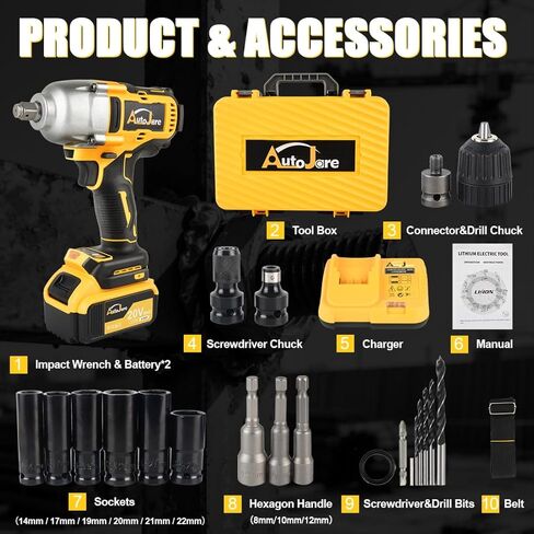 Cordless Impact Wrench 1/2 inch 479 Ft-Lbs(650 N.m) Brushless Power Impact Wrenches 3 In 1 Electric Impact Wrench With 2 x 4.0A Battery, 6 Sockets, 5 Drill, 3 Screw, Fast Charger in Kuwait