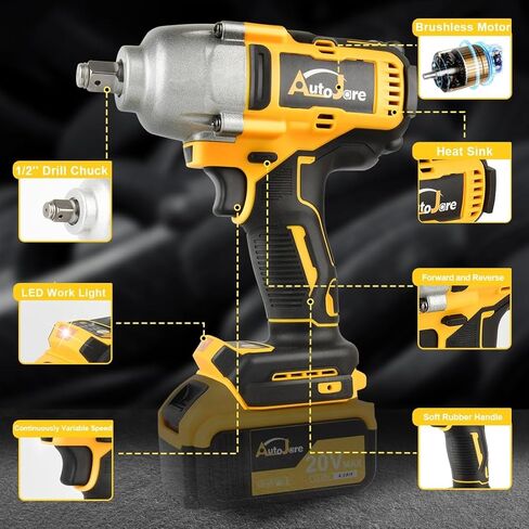 Cordless Impact Wrench 1/2 inch 479 Ft-Lbs(650 N.m) Brushless Power Impact Wrenches 3 In 1 Electric Impact Wrench With 2 x 4.0A Battery, 6 Sockets, 5 Drill, 3 Screw, Fast Charger in Kuwait