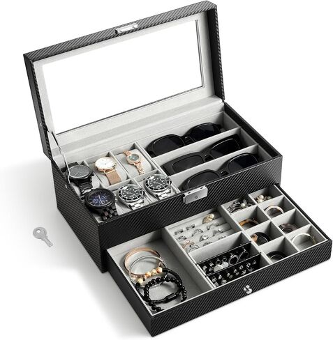 MoKo Watch Box Organizer, 3 Layers Lockable Sunglasses Jewelry Organizer with Glass Lid for Men Women, Watch Display Case Jewelry Box for Watches, Sunglasses, Tie Pins, Cufflinks, Rings, Black in Saudi Arabia