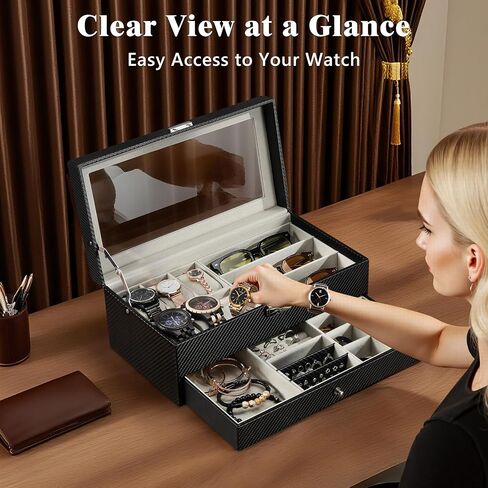 MoKo Watch Box Organizer, 3 Layers Lockable Sunglasses Jewelry Organizer with Glass Lid for Men Women, Watch Display Case Jewelry Box for Watches, Sunglasses, Tie Pins, Cufflinks, Rings, Black in Saudi Arabia