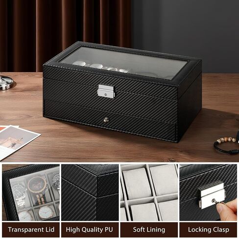 MoKo Watch Box Organizer, 3 Layers Lockable Sunglasses Jewelry Organizer with Glass Lid for Men Women, Watch Display Case Jewelry Box for Watches, Sunglasses, Tie Pins, Cufflinks, Rings, Black in Saudi Arabia