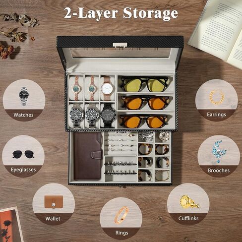 MoKo Watch Box Organizer, 3 Layers Lockable Sunglasses Jewelry Organizer with Glass Lid for Men Women, Watch Display Case Jewelry Box for Watches, Sunglasses, Tie Pins, Cufflinks, Rings, Black in Saudi Arabia