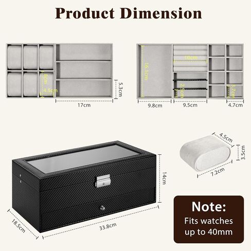 MoKo Watch Box Organizer, 3 Layers Lockable Sunglasses Jewelry Organizer with Glass Lid for Men Women, Watch Display Case Jewelry Box for Watches, Sunglasses, Tie Pins, Cufflinks, Rings, Black in Saudi Arabia