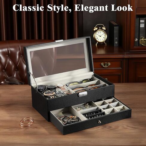 MoKo Watch Box Organizer, 3 Layers Lockable Sunglasses Jewelry Organizer with Glass Lid for Men Women, Watch Display Case Jewelry Box for Watches, Sunglasses, Tie Pins, Cufflinks, Rings, Black in Saudi Arabia