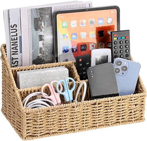 BTSKY Woven Divided Storage Basket Natural Hyacinth Vertical Wicker Storage Baskets 4 Compartments Desktop Home Office Supplies Sorter Rack in Saudi Arabia