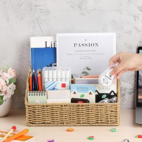 BTSKY Woven Divided Storage Basket Natural Hyacinth Vertical Wicker Storage Baskets 4 Compartments Desktop Home Office Supplies Sorter Rack in Saudi Arabia