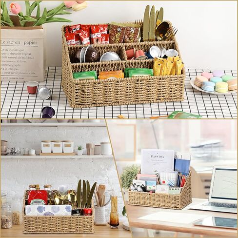 BTSKY Woven Divided Storage Basket Natural Hyacinth Vertical Wicker Storage Baskets 4 Compartments Desktop Home Office Supplies Sorter Rack in Saudi Arabia