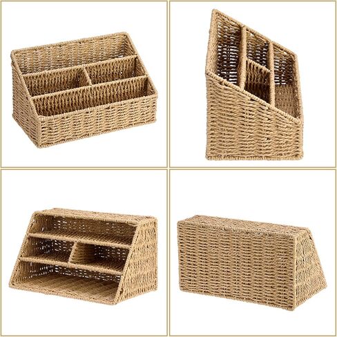 BTSKY Woven Divided Storage Basket Natural Hyacinth Vertical Wicker Storage Baskets 4 Compartments Desktop Home Office Supplies Sorter Rack in Saudi Arabia