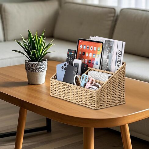 BTSKY Woven Divided Storage Basket Natural Hyacinth Vertical Wicker Storage Baskets 4 Compartments Desktop Home Office Supplies Sorter Rack in Saudi Arabia