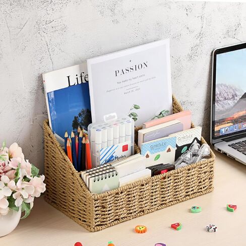 BTSKY Woven Divided Storage Basket Natural Hyacinth Vertical Wicker Storage Baskets 4 Compartments Desktop Home Office Supplies Sorter Rack in Saudi Arabia