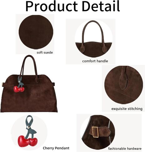 Soft Suede Large Tote Bags for Women Fashion Vintage Top Handle Handbag Fashion Shoulder Hobo Bag with Cherry Pendant in Saudi Arabia