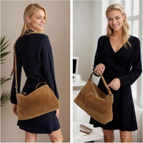 Genuine Suede Leather Hobo Bags for Women Tote Handbags Suede Crossbody Purses and Slouchy Shoulder Bags (Tan) in Saudi Arabia
