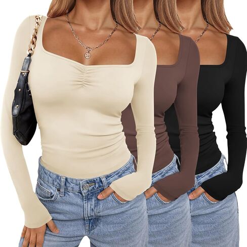 Ekouaer 3 Packs Womens Long Sleeve Tops Sweetheart Neck Fitted Shirts Basic Layering Tee Soft Undershirts Fall Outfits in Saudi Arabia