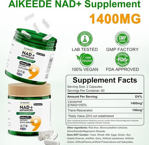 NAD Supplements,Liposomal NAD+ with Resveratrol,1400mg Per Serving,120 Capsules,Supplements for Anti-Aging,Skin Repair,Fatigue Relief,Immunity Enhancement and Antioxidant in Saudi Arabia