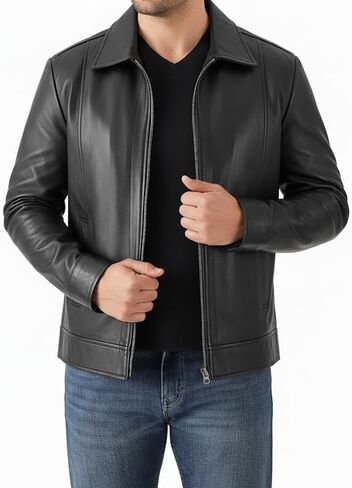 Mens Black Leather Jacket - Genuine Lambskin Cafe Racer Motorcycle Style Distressed Leather Jacket in Saudi Arabia