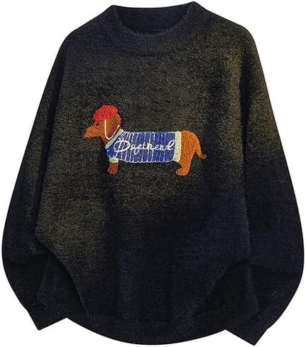 Teenager Cute Dachshund Pattern Knitted Sweater (White/Grey/Black) in Saudi Arabia