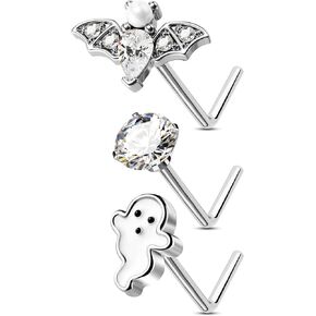 Jewseen 20g Surgical Steel Halloween Nose Rings Studs 3PCS Nose Piercing Jewelry Bat Ghost Nose Studs Nose Rings for Women Halloween Jewelry in Kuwait