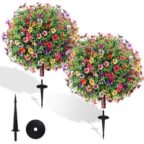 27.5" Artificial Boxwood Topiary Ball Tree, Set of 2 Fake Bushes Shrubs with Ground Spike, UV Resistant Faux Evergreen Boxwood Trees for Front Porch Planters Outdoor Garden Decor in Saudi Arabia