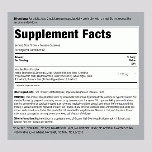 Irish Sea Moss Capsules | 2250mg | 180 Count | Complex with Bladderwrack & Burdock Root | Non-GMO, Gluten Free Supplement | by Piping Rock in Saudi Arabia