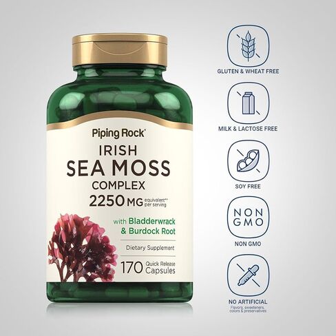 Irish Sea Moss Capsules | 2250mg | 180 Count | Complex with Bladderwrack & Burdock Root | Non-GMO, Gluten Free Supplement | by Piping Rock in Saudi Arabia