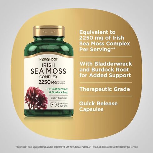 Irish Sea Moss Capsules | 2250mg | 180 Count | Complex with Bladderwrack & Burdock Root | Non-GMO, Gluten Free Supplement | by Piping Rock in Saudi Arabia
