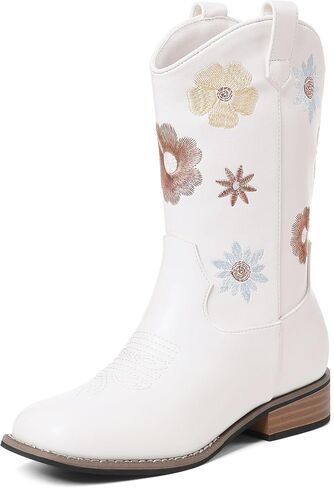 Goiphrri Cowgirl Boots For Girls Mid Calf Cowboy Boot Toddler Chunky Low Heel Western Boots with Floral Embroidered Square Toe Horse Riding Dress Shoes For Little/Big Kids in Kuwait