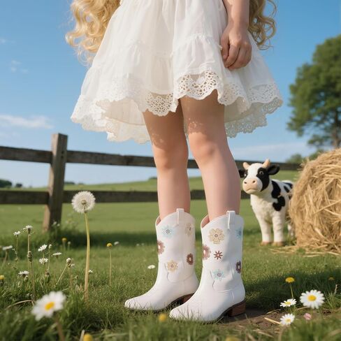 Goiphrri Cowgirl Boots For Girls Mid Calf Cowboy Boot Toddler Chunky Low Heel Western Boots with Floral Embroidered Square Toe Horse Riding Dress Shoes For Little/Big Kids in Kuwait