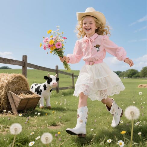 Goiphrri Cowgirl Boots For Girls Mid Calf Cowboy Boot Toddler Chunky Low Heel Western Boots with Floral Embroidered Square Toe Horse Riding Dress Shoes For Little/Big Kids in Kuwait