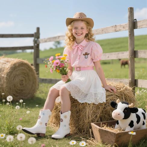 Goiphrri Cowgirl Boots For Girls Mid Calf Cowboy Boot Toddler Chunky Low Heel Western Boots with Floral Embroidered Square Toe Horse Riding Dress Shoes For Little/Big Kids in Kuwait