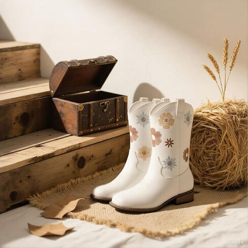 Goiphrri Cowgirl Boots For Girls Mid Calf Cowboy Boot Toddler Chunky Low Heel Western Boots with Floral Embroidered Square Toe Horse Riding Dress Shoes For Little/Big Kids in Kuwait