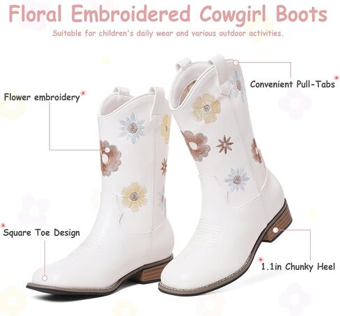Goiphrri Cowgirl Boots For Girls Mid Calf Cowboy Boot Toddler Chunky Low Heel Western Boots with Floral Embroidered Square Toe Horse Riding Dress Shoes For Little/Big Kids in Kuwait