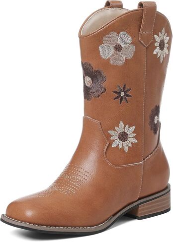 Goiphrri Cowgirl Boots For Girls Mid Calf Cowboy Boot Toddler Chunky Low Heel Western Boots with Floral Embroidered Square Toe Horse Riding Dress Shoes For Little/Big Kids in Kuwait