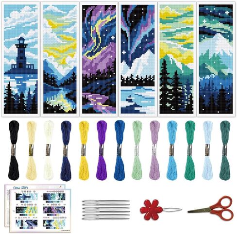 ACRNIGHEET 6PCS Cross Stitch Bookmark Kit DIY Bookmarks Cross Stitch Kit for Adult Beginners Cross-Stitch Stamped Kits with Landscape Patterns 8.7x3.1inch Stamped Embroidery Bookmark with Instructions in Kuwait