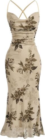 فستان طويل طويل من Milumia نسائي مزين بالزهور ومكشكش شبكي ورقبة على شكل بقرة in Kuwait