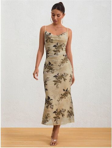 فستان طويل طويل من Milumia نسائي مزين بالزهور ومكشكش شبكي ورقبة على شكل بقرة in Kuwait