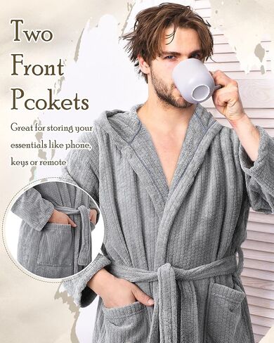 1 Pcs Men's Robe with Hood Soft Long Towel Bathrobe for Men Absorbent Plush Warm Hooded Robe & 2 Pockets Cozy Spa in Saudi Arabia