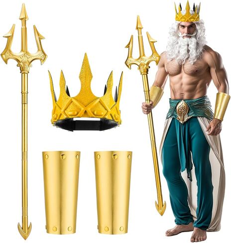3 Pcs Halloween Neptune Poseidon Costume Accessory 71 Inch Adult Gold Trident Foam Crowns Cosplay Set for Halloween Cosplay in Saudi Arabia