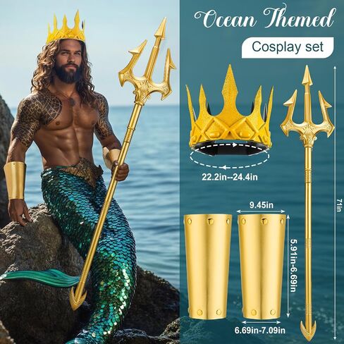3 Pcs Halloween Neptune Poseidon Costume Accessory 71 Inch Adult Gold Trident Foam Crowns Cosplay Set for Halloween Cosplay in Saudi Arabia