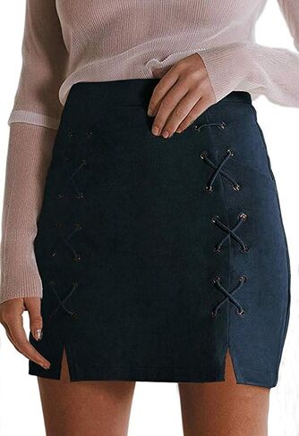 katiewens Women's Classic High Waist Lace Up Bodycon Faux Suede A Line Mini Pencil Skirt in Saudi Arabia