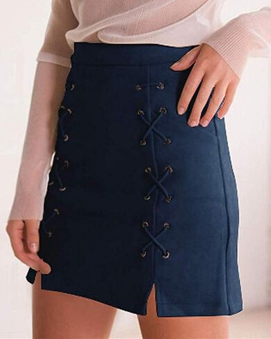 katiewens Women's Classic High Waist Lace Up Bodycon Faux Suede A Line Mini Pencil Skirt in Saudi Arabia