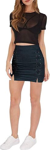 katiewens Women's Classic High Waist Lace Up Bodycon Faux Suede A Line Mini Pencil Skirt in Saudi Arabia