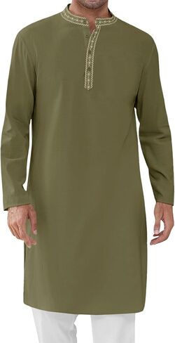 Runcati Mens Cotton Kaftan Robe Long Sleeve Button أسفل قميص Henley Thobe Side Side Side Dress in Saudi Arabia