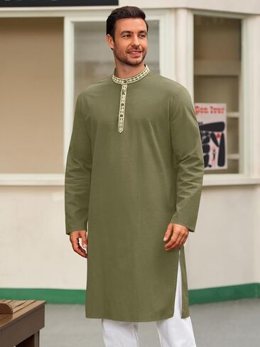 Runcati Mens Cotton Kaftan Robe Long Sleeve Button أسفل قميص Henley Thobe Side Side Side Dress in Saudi Arabia