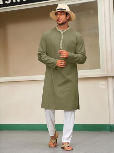 Runcati Mens Cotton Kaftan Robe Long Sleeve Button أسفل قميص Henley Thobe Side Side Side Dress in Saudi Arabia