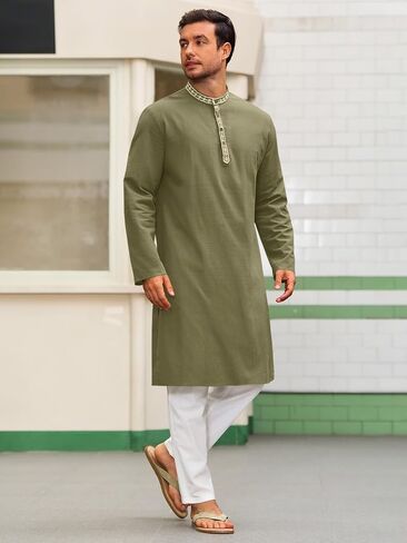 Runcati Mens Cotton Kaftan Robe Long Sleeve Button أسفل قميص Henley Thobe Side Side Side Dress in Saudi Arabia