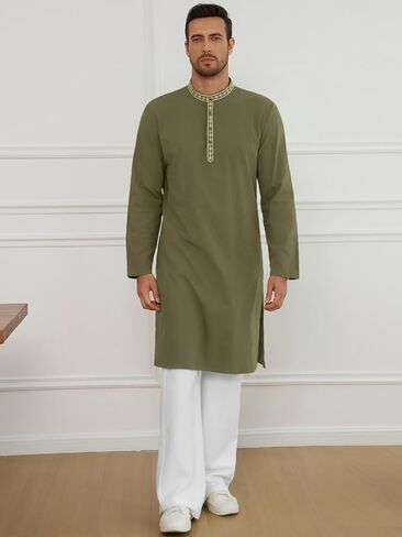 Runcati Mens Cotton Kaftan Robe Long Sleeve Button أسفل قميص Henley Thobe Side Side Side Dress in Saudi Arabia